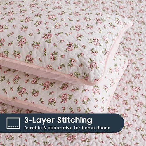 Wake In Cloud - Floral Quilt Set, Coquette Cottagecore Shabby Chic Flower Pattern for Women Teen Girls, Reversible Lightweight Bedspread Coverlet, 3 Pieces, Pink, Queen/Full Size thumbnail 5