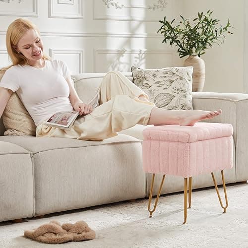 Sweetcrispy Vanity Stool Chair with Storage, 18.9”H x 16”L x 12.2”W Ottoman Chair Faux Fur Soft Padded Makeup Footstools Seat with 4 Metal Legs Anti-Slip Adjustable Feet for Make Up, Pink thumbnail 9