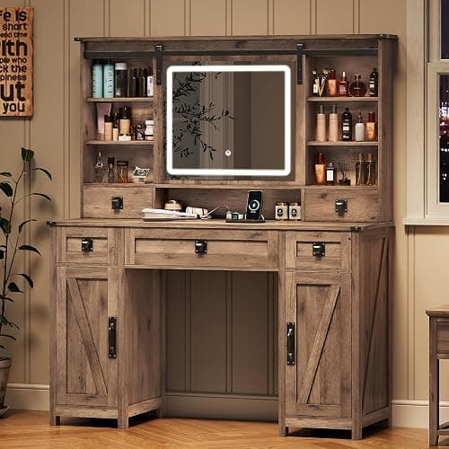 Makeup Vanity Desk with Lights, 47.2" Farmhouse Vanity Table with Sliding Mirror & Charging Station, Large Makeup Desk with 5 Drawers & 2 Cabinets, Rustic Oak thumbnail 3