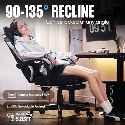 Dowinx Fabric Gaming Chair, Ergonomic Computer Chair with Footrest and Pocket Spring Cushion, Height Adjustable Video Gamer Chair with Lumbar Support for Adults, Black thumbnail 5