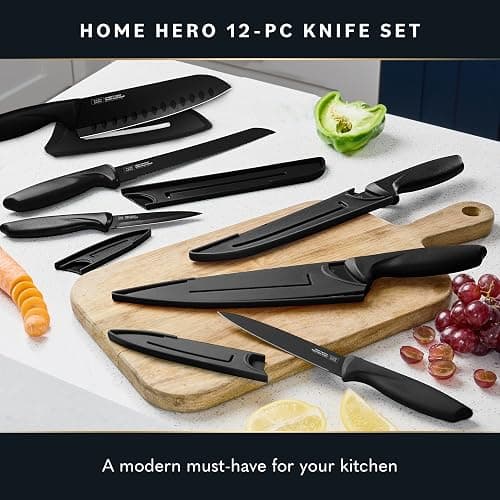 Home Hero Kitchen Knife Set with Sheath Covers - High Carbon Stainless Steel Kitchen Knives with Ergonomic Handles & Ceramic Coating, Nonstick Ceramic Knife Set with Chef Knife (12 Pcs - Black) thumbnail 3