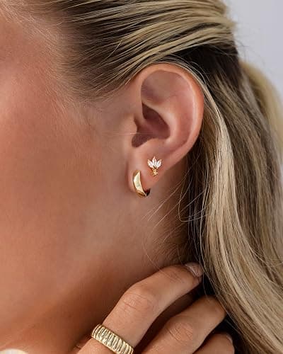 PAVOI 14K Gold Plated Dangle Flat Back Earrings for Women | Helix and Cartilage Pearl Cluster Triangle Lotus Pear Marquise Cubic Zirconia Screw Back Earring Pair thumbnail 2
