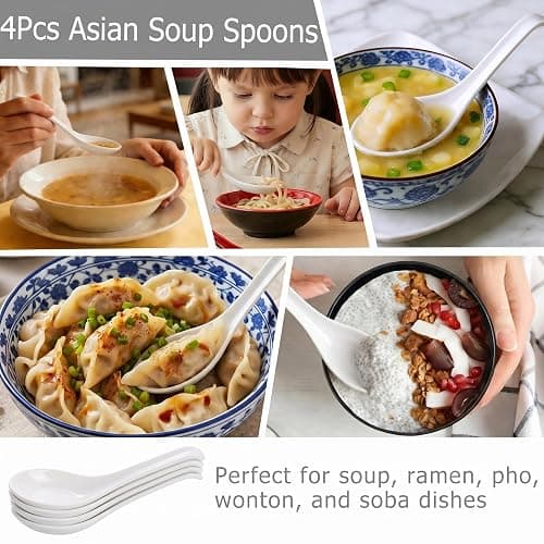 4PCS Asian Soup Spoons, Chinese Japanese Miso Ramen Wonton Dumpling Pho Rice Noodle Soba Soup Spoons, White Melamine Spoons thumbnail 5