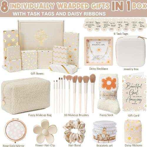 Easter Basket Gifts for Tween & Teen Girls, 8 PCS Birthday Gift Teenage Girl Gifts Trendy Stuff w/Fun Task Tag Makeup Brushes & Bag, Empower Positive Wrapped Gift Prefilled Stuffers for Daughter Niece thumbnail 3