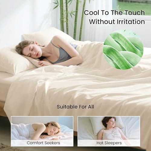Love's cabin 4 Piece Full Size Sheet Set, 100% Rayon Derived from Bamboo, Cooling & Breathable, Soft Silky Deep Pocket up to 16", Hotel Luxury Bedding for Hot Sleepers, Beige thumbnail 3
