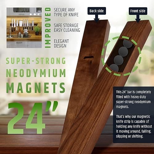 Premium 24 Inch (Large Size) Dark Walnut Wood Magnetic Knife Holder – Professional Wooden Magnetic Knife Strip - Space-Saving Knife Rack/Knife Bar With Powerful Magnetic Pull Force (Upgraded Version) thumbnail 4