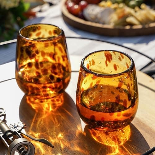 Segunda Vida Tortuga Hand Blown Wine Glasses, Recycled Mexican Glassware with Tortoise Shell Pattern, Stemless Drinking Glasses for Wedding Gifts, Housewarming, Cocktail Party, 13 oz Set of 2 thumbnail 5