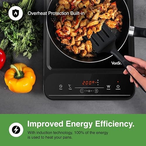 VonShef Single Induction Hob – 2000W Portable Induction Cooker w/LED Touch Display, 3 Hour Timer, 10 Heat Settings 60-240°C, Safety Lock - Black - Single thumbnail 4