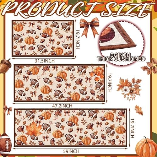 Fourluoo 3 Pcs Fall Football Pumpkin Kitchen Rugs and Mats Set | Farmhouse Door Mats for Home Bathroom Kitchen Cabin, Fall Home Decor, Non Slip Washable Kitchen Mats, 3 Size thumbnail 3