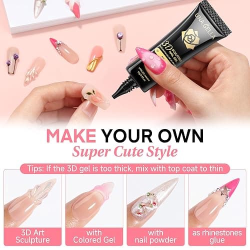 UNA GELLA 3D Gel Nail Art, 3D Nail Gel Sculpting G el Glue 15g 4 in 1 No Wipe Clear Nail Polish for Nails Tips, Chrome Powder, Nail Charms Gems, Drawing, Molding and DIY Nail Art Lamp Curing Needed thumbnail 2