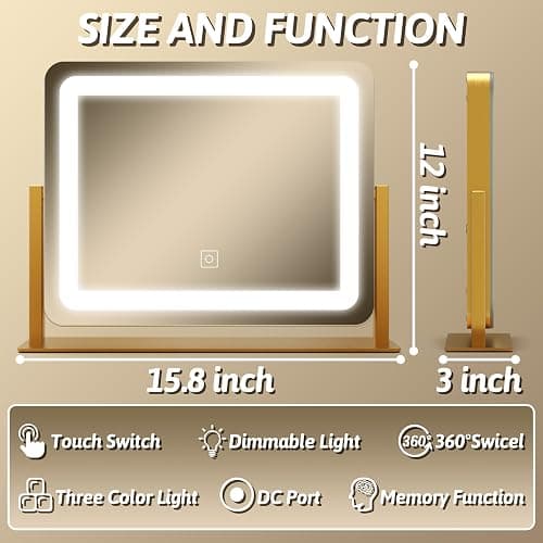 FENNIO Vanity Mirror with Lights, 12" x 16" Lighted Makeup Mirror with Smart Touch Control, 3 Color Modes & Brightness Adjustable, LED Makeup Mirror with 10X Magnification, 360° Rotation （Gold thumbnail 2