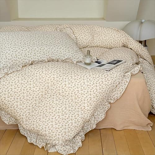 BuLuTu Muslin Kids Duvet Cover for Full Size Bed, Vintage Farmhouse Duvet Covers with Ruffles, Soft Cotton Comforter Cover, Camellia, Zipper Closure & Corner Ties, No Comforter thumbnail 4