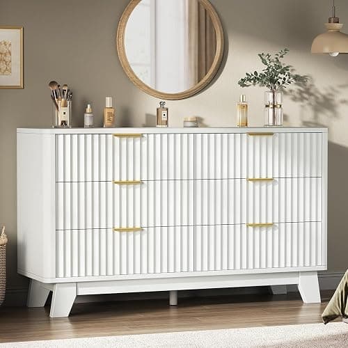 Jocoevol Fluted 6 Drawer Dresser for Bedroom, White | 47" Wooden Chest of Drawers with Curved Profile Design, Modern TV Stand with Metal Handle for Living Room/Hallway - Image 1