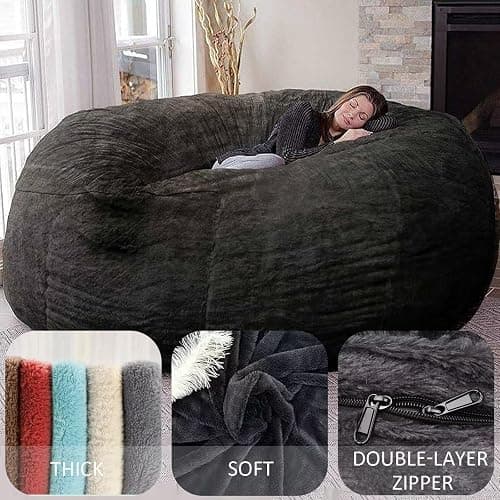 BCU 6FT Bean Bag Chair for Adults and Kids Without Filler Giant Stuffed Animal Storage Cover Soft Faux Fur Floor Chair Cover for Bedroom Living Room, Black thumbnail 3