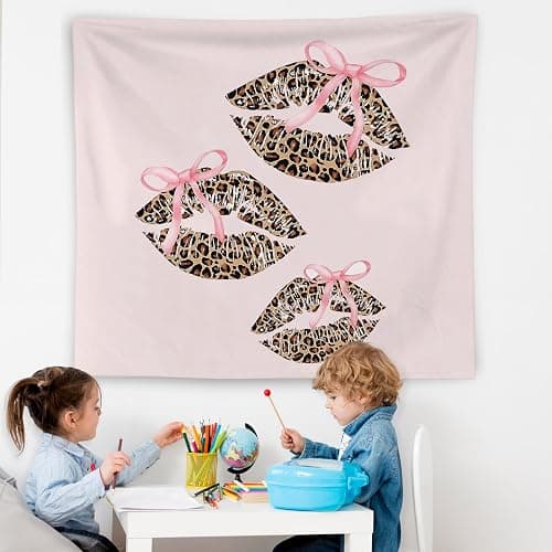 WNAGT Pink Coquette Bow Leopard Lips Tapestry Wall Hanging, Preppy Trendy Cheetah Print Kiss Lips Wall Blanket Decor for Girls Bedroom College Dorm Apartment Home, 50x60 Inch thumbnail 5
