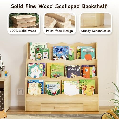 FIKSG 3-Tier Montessori Scalloped Kids Bookshelf with Drawer | 29.6" Wide Natural Wood Forward Facing Bookcase for Toddlers, Children's Book Display and Organizer for Playroom,Nursery thumbnail 6