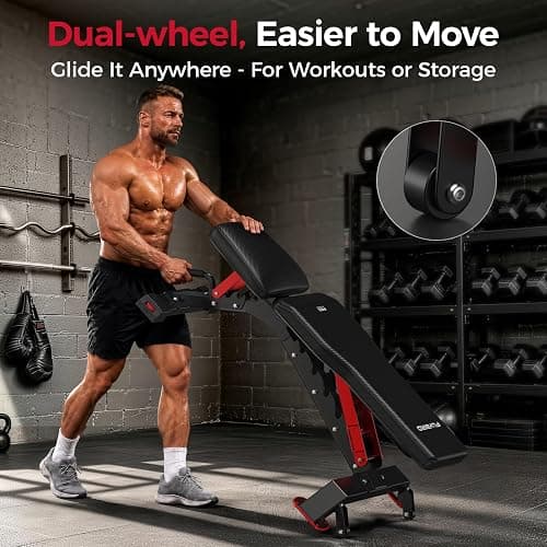 FLYBIRD WB7 Weight Bench, Commercial Grade Adjustable Weight Bench - 1300LBS Workout Bench for Home Gym, Flat Incline Bench Press Heavy Duty Bench with 34'' Extra-Long Backrest and Easy-Roll Wheels thumbnail 7