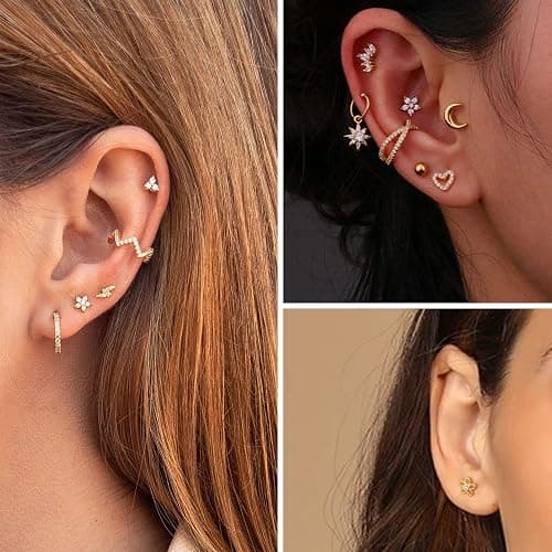 ALEXCRAFT Small Gold Stud Earrings - 6 Pairs Cute Heart Studs for Women - Cubic Zirconia - Hypoallergenic - Pack thumbnail 3