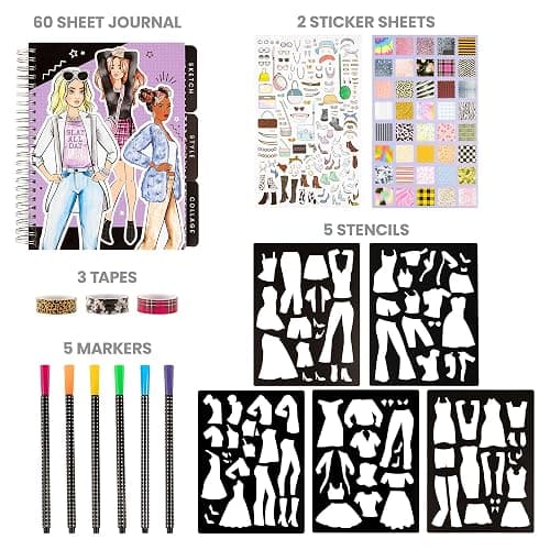 Fashion Angels Runway Graphic Journaling Set, Basic Fashion Design Activity Journal for Beginners with Markers, Stencils, Stickers & Sketch Pad, Kids 8+ thumbnail 5