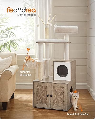 Feandrea Cat Tree with Litter Box Enclosure, 2-in-1 Modern Cat Tower, 55.1-Inch Cat Condo with Scratching Posts, Removable Pompom Sticks, Greige UPCT113G01 thumbnail 2