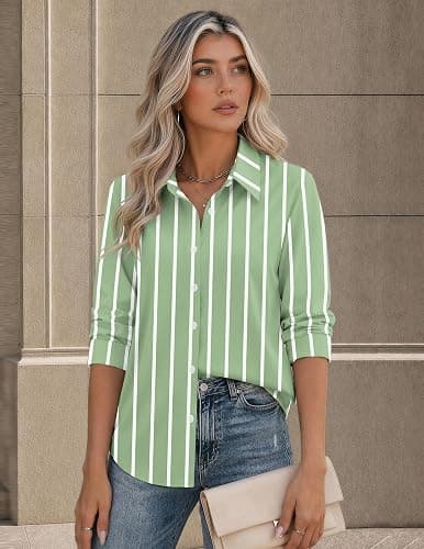 Zeagoo Button Down Shirts for Women Long Sleeve Tops Striped Solid Blouses | Collared V Neck Shirts Button Up Shirt Dressy Casual Blouses Cute Summer Fall Fashion Clothes Office Work Tops Spring Outfits thumbnail 3