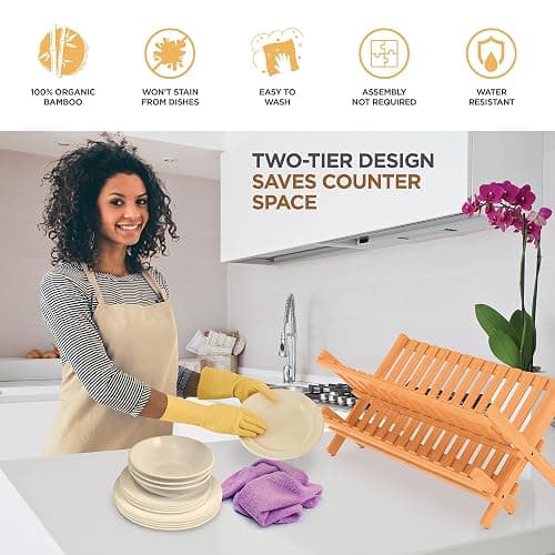 Dish Drying Rack - Bamboo Dish Rack for Kitchen Counter, Collapsible 2-Tier Wooden Drying Rack for Dishes, Plates, Cups, Utensils - Foldable Dish Drainer, Space-Saving Kitchen Drying Rack Organizer thumbnail 6