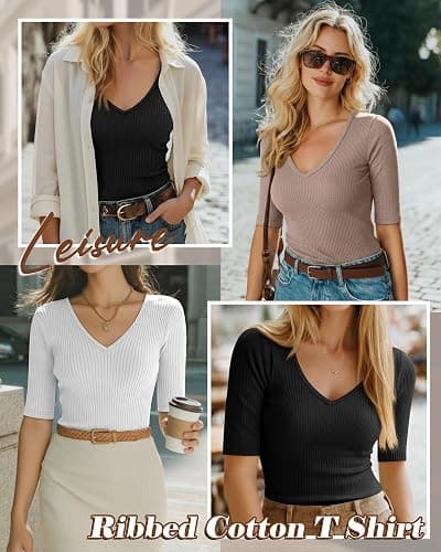 Riyiper 3 Pack Women's Half Sleeve Top Elbow Length Ribbed Cotton T Shirt Women V Neck Summer Tee Slim Fit Casual Blouses thumbnail 2