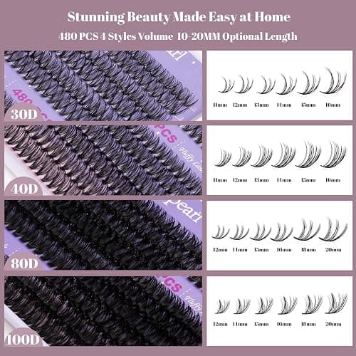 Ocean Pearl Lash Clusters 480PCS 11-20mm Individual Eyelash Extensions 30D+40D+80D+100D DIY Thick Volume Natural Lashes for Beginners at Home-4 - 480pcs 11-20mm Clusters-30D+40D+80D+100D thumbnail 2