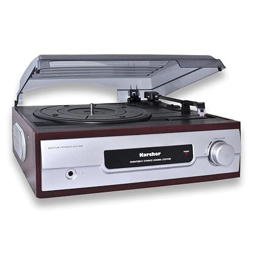 Karcher Plattenspieler mit eingebauten Stereo-Lautsprechern, Vinyl Schallplattenspieler, Line Out, Kopfhöreranschluss, 2 Geschwindigkeiten, Nostalgie Retro Turntable, KA 8050 silber thumbnail 2