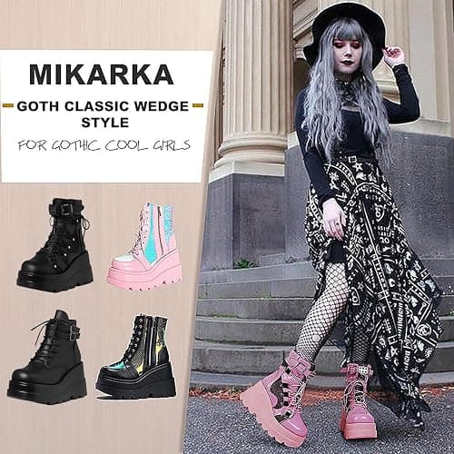 mikarka Holographic Platform Boots for Women, Lace Up Ankle Studded Buckle Goth Stacked Wedge Combat Ankle Boots thumbnail 5
