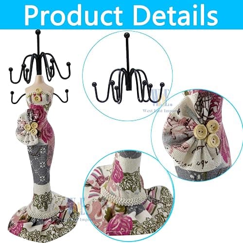 10.5" Mannequin Jewelry Stand, Tabletop Necklace & Bracelet Holder | Charming Dresser Decor: Blends an elegant floral mannequin form with functional metal hooks to elevate any vanity setup. thumbnail 4