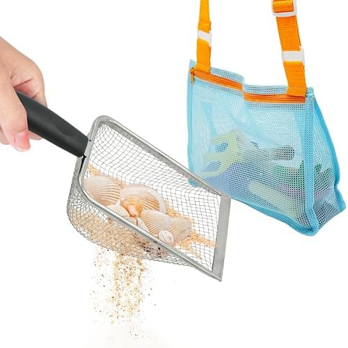 4E's Novelty 2X Shark Tooth Sifter for Beach with 2X Small Mesh Beach Bag for Shell Collecting, Metal Sand Scoop for Picking Up Shells - Beach Toys for Kids (2 Sets) thumbnail 8