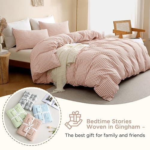 TOCOMOA Pink Tan Gingham Duvet Cover Bedding Set 100% Washed Cotton Like Linen Feel Super Soft Comfy 2 Piece Vintage Plaid Checkered Fall Comforter Cover Set (Twin 68"x90", Comforter Not Included) thumbnail 7