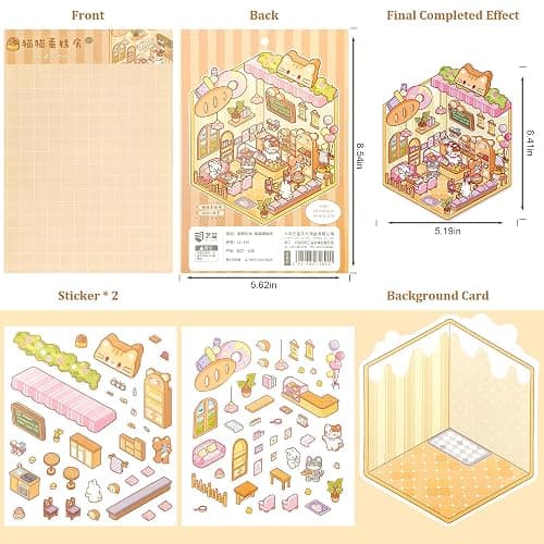 24 Sets 3D Sticker Scene, Sticker Therapy DIY, Kawaii 3D Stickers for Adults Girls Kids, Build Your Own Scene Stickers Collection Cozy Room Cute Miniature House Shop, Relief Stress Pass The Time thumbnail 6