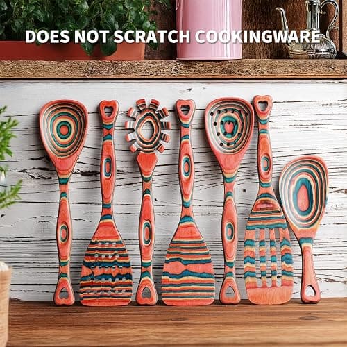 Gudamaye Pakkawood 7-Piece Wooden Cooking Utensils, Wooden Spoons for cooking, Wooden Utensil set, Pinkish-Orange Pakkawood Cooking Spoons, Non-Stick Spoon, Pakkawood kitchen utensils thumbnail 5