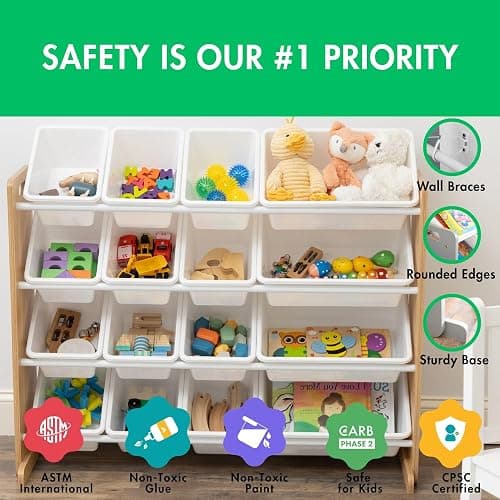 Humble Crew Supersized Toy Storage Organizer with 16 Removable Bins, Natural/White – Large Toy Storage for Toddlers Ideal for Kids' Rooms, Playrooms, and Nurseries - Modern Toy Bins for Kids thumbnail 4