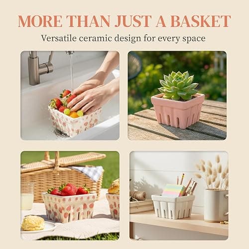 Ceramic Berry Basket, Farmhouse Colander, Strawberry Decor, Fruit Bowls, Fruit Baskets, Kawaii Strawberry Kitchen bowl, Pink White and Cute Strawberry pattern Stoneware Harvest Square Bowls Set of 4 thumbnail 6