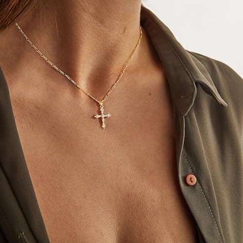 Cross Necklace for Women,Double Cross Necklace 14K Gold Plated Cross Pendant Necklace Dainty Gold Cross Necklaces for Women Trendy Small Cross Charm Necklace Simple Cute Choker Necklaces Gold Jewery thumbnail 6