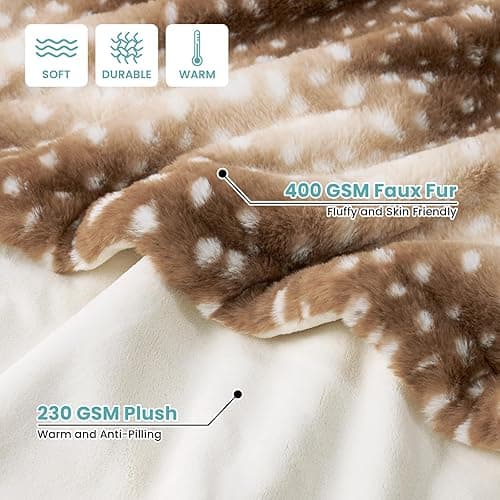 COZY KISS Soft Faux Fur Blanket for Woman Sofa Bed Couch, Liquid Pee Proof Throw for Large Dog or Cat, Waterproof Pet Blanket, Reversible Washable Plush, Double Sided, 50x60 in, Brown Deer Print - Brown Deer - Throw (50"x60") thumbnail 2