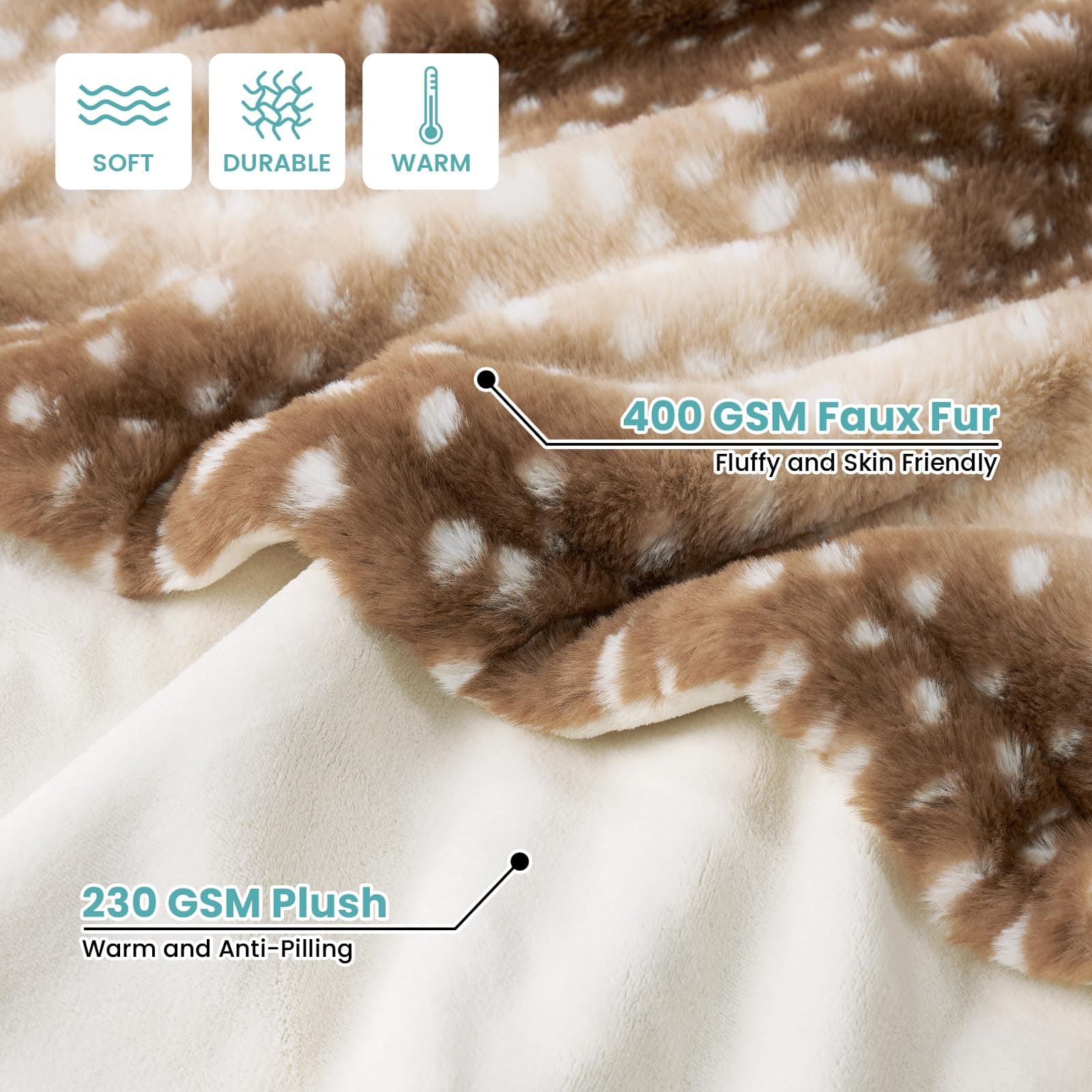Cozy KISS Soft Faux Fur Blanket for Woman Sofa Bed Couch, Liquid Pee Proof Throw for Large Dog or Cat, Waterproof Pet Blanket, Reversible Washable Plush, Double Sided, 60x80 in, Brown Deer Print thumbnail 2
