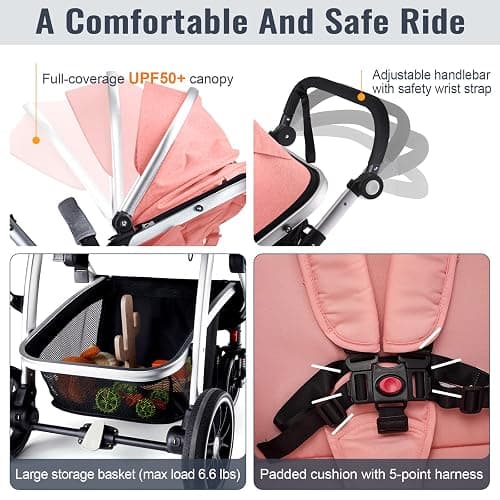 Hagaday Baby Stroller, 2-in-1 Reversible Toddler Seat with Bassinet Mode, Foldable Infant Stroller with Canopy, One Button Brake, Adjustable Handle, Newborn Pushchair(Pink) thumbnail 7