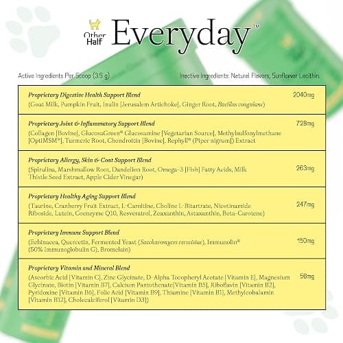 Other Half Everyday - Dog Multivitamin Supplement - Daily Joint, Gut, Allergy, Immune, Urinary Tract Support, Skin, Coat & More - Glucosamine, Chondroitin, Omega 3 & Probiotics | 45 Active Ingredients thumbnail 4