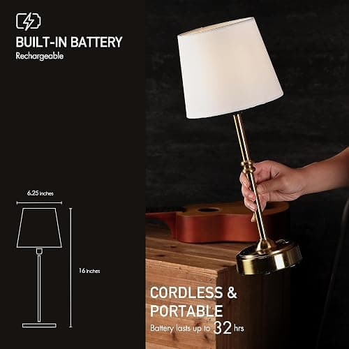 O’Bright Seraph - Cordless LED Table Lamp with Dimmer, Built-in Rechargeable Battery, 3-Level Brightness, Patio Table Lamp, Bedside Night Lamp, Ambient Light for Restaurant, Antique Brass thumbnail 4