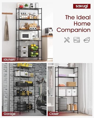 Sakugi Storage Shelves - 5 Tier Shelf Organizer, Heavy Duty Garage Shelving Unit with Leveling Feet, Stable Metal Shelves Organizer for Pantry, Kitchen and Closet, 33.0" W x 12.6" D x 72.0" H, Black thumbnail 3