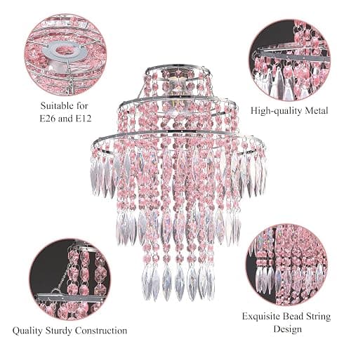 SEEYUAN 3 Tiers Acrylic Chandeliers lamp Shade, Pink Acrylic Beaded Chandelier,Pendant Ceiling Light Shade for Wedding Bedroom Hallway Bathroom - Diameter 13.7''*H17.7'' thumbnail 2