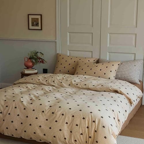 Bildenly Heart Duvet Cover Queen Size Brown Hearts Vertical Ticking Striped Bedding Set Vintage Striped Love Heart Soft Breathable Microfiber Comforter Cover Set with Zipper Closure and 2 Pillowcases thumbnail 6