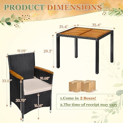 Greesum 5 Pieces Outdoor Patio Dining Set, Conversation Sets with 1 Table and 4 Rattan Chairs with Curved Acacia Wooden Armrests and Cushions, Black thumbnail 2