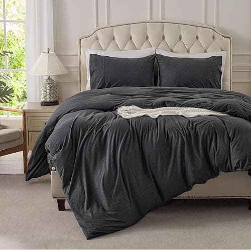 PURE ERA Jersey Knit Duvet Cover Set 100% T-Shirt Cotton Super Soft Comfy 3pc Bedding Set with Zipper Closure (Heather Charcoal Grey, Cal King) thumbnail 2