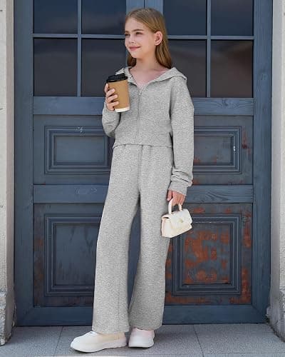 YOURUIKEY Girls 2 Piece Outfits Hoodie Zip Drop Shoulder Sweatshirt and Sweatpants Set with Pockets Sweatsuit Fall Clothes thumbnail 3