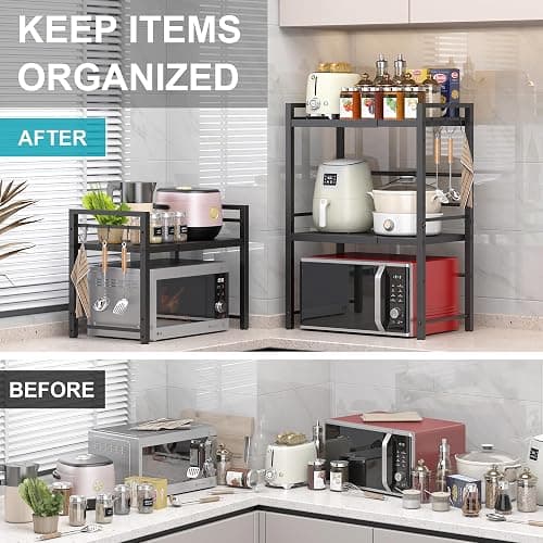 DOLALIKE Expandable Microwave Rack, Countertop Kitchen Utensils Tableware Storage, Carbon Steel 3 Tier Shelf with 3 Hooks thumbnail 5